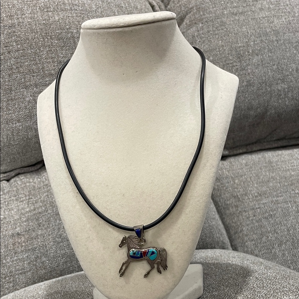 Silver Horse Pendant Necklace with Blue Accents